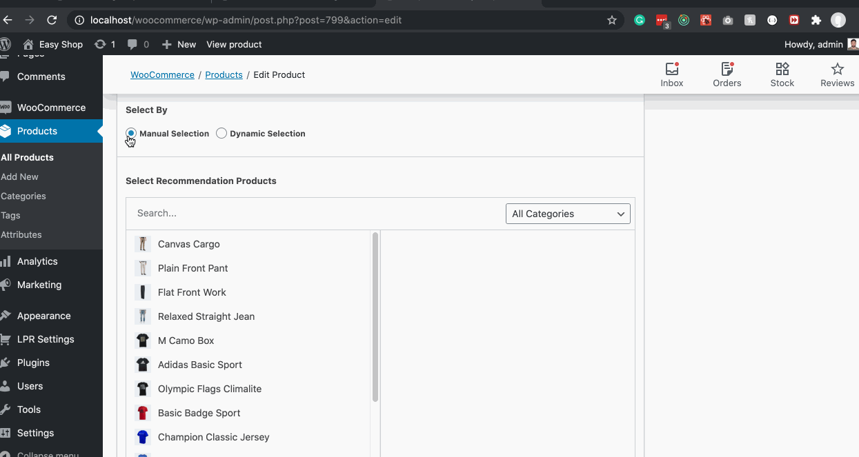 Manual Selection Product Recommendations